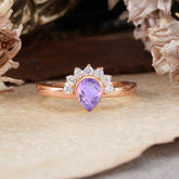 Unique Pear Cut Halo Amethyst Engagement Ring Bezel Cluster Ring